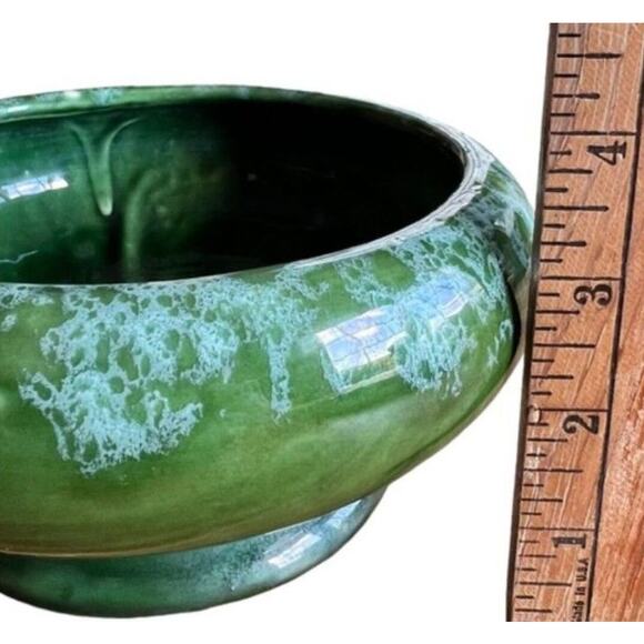 VTG MCM Floralware Pottery Vase Low Round Green Blue Spot Drip Gloss Centerpiece - Picture 3 of 8